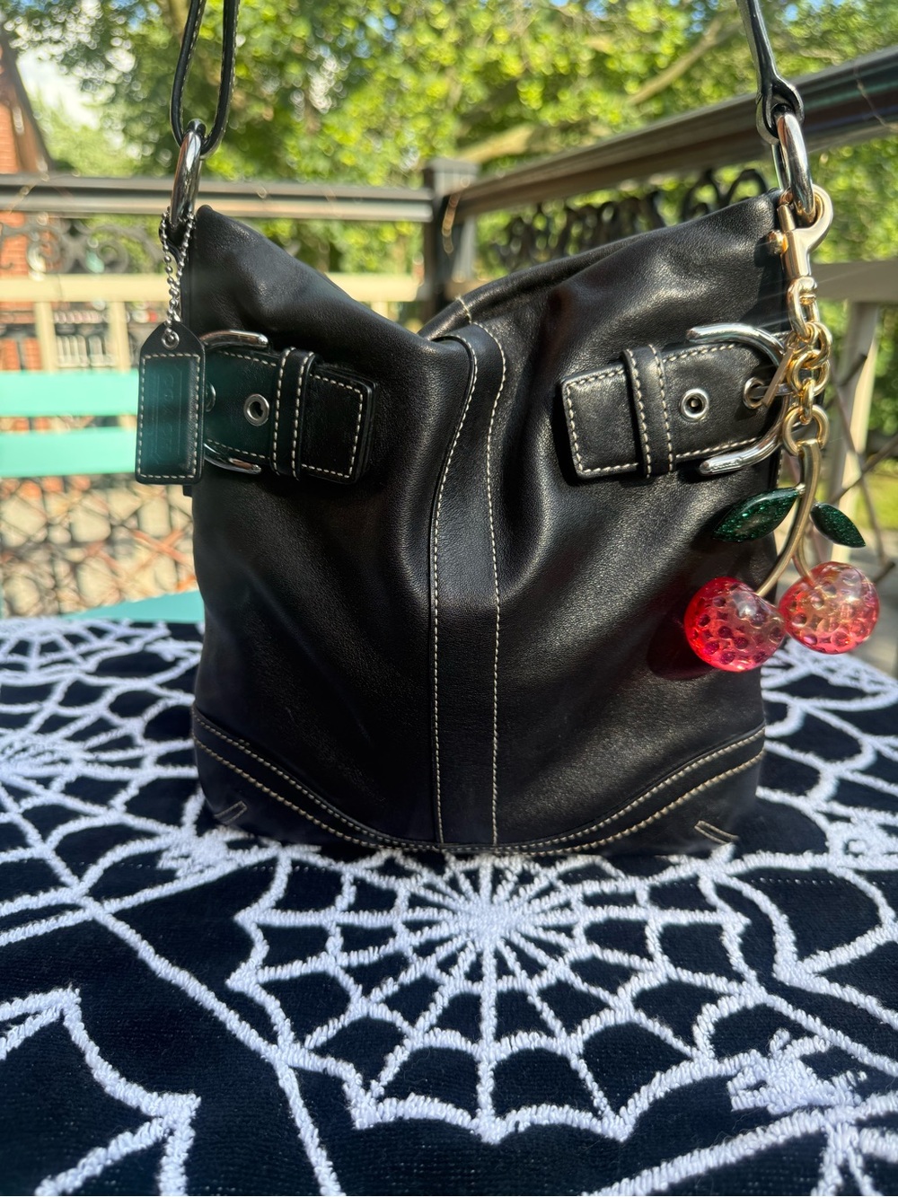 Black Leather Coach Shoulder Bag with Buckles